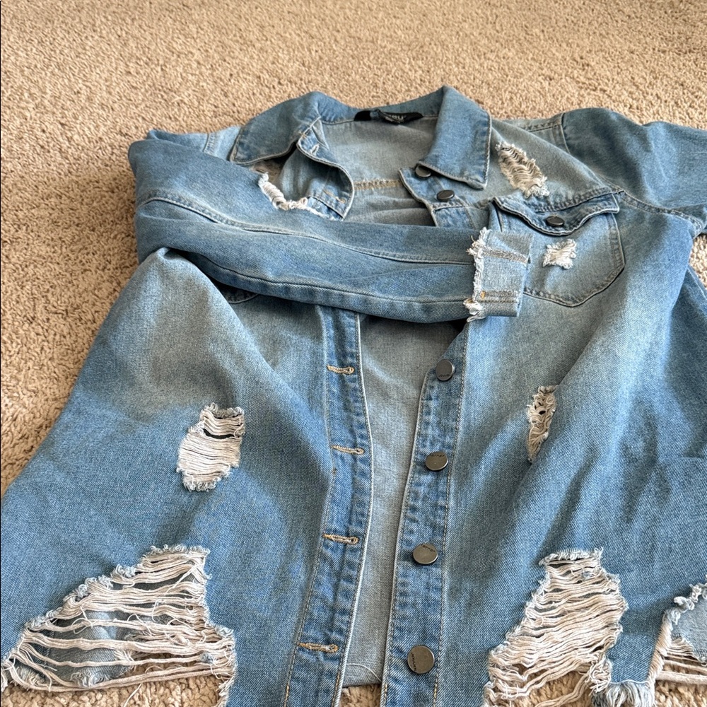 Jou Jou Distressed Light Blue Denim Jacket with Ripped Detail